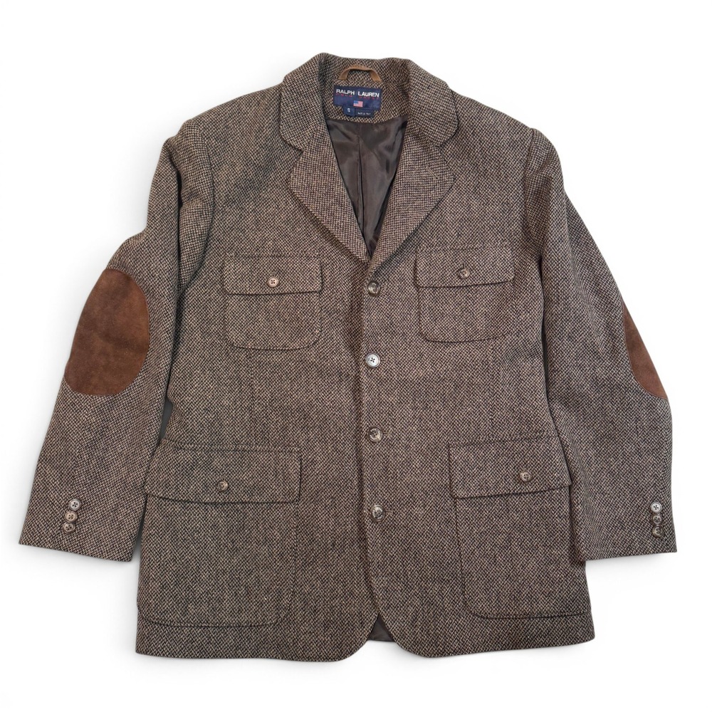 Ralph Lauren Polo Sport Mens Brown Wool Herringbone Field Jacket Italy Small VTG